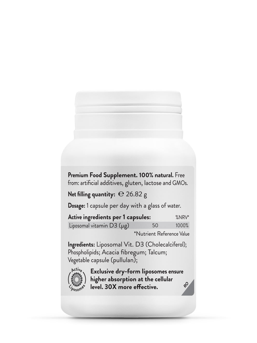 Supliment Vitamina D3, Liposomal Vitamin D3 2000 IU, 45 Capsule vegane, 0.05 mg Complex, Novo Biomedics