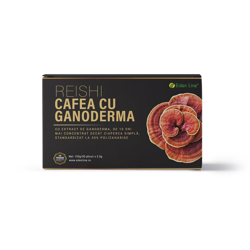 Cafea instant cu Ganoderma lucidum, Cafea Neagra cu Ganoderma, 30 plicuri x 3,5 g, Eden Line